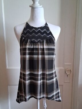 Candie's Black, Green and White Plaid Tank with Lace Yoke